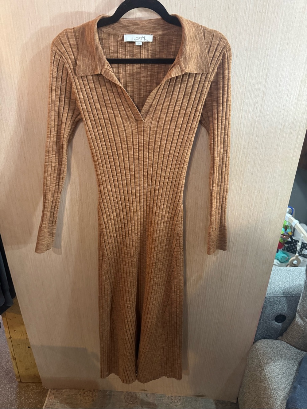 LOFT Camel Ribbed Collared Long Sleeve Midi Dress Size Small